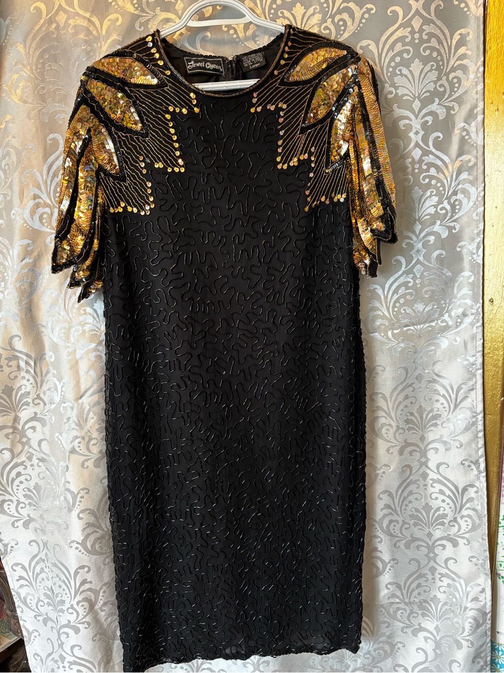 Vintage Jewel Queen Black Sequined Cocktail Dress with Gold Embellishment